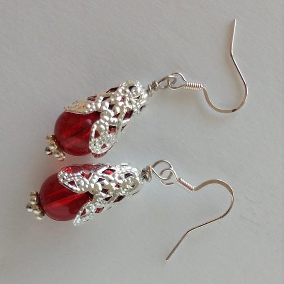 Handmade Red and Silver Filigree Beaded Earrings On Silver Tone Fishhooks 1.75in - Picture 7 of 14